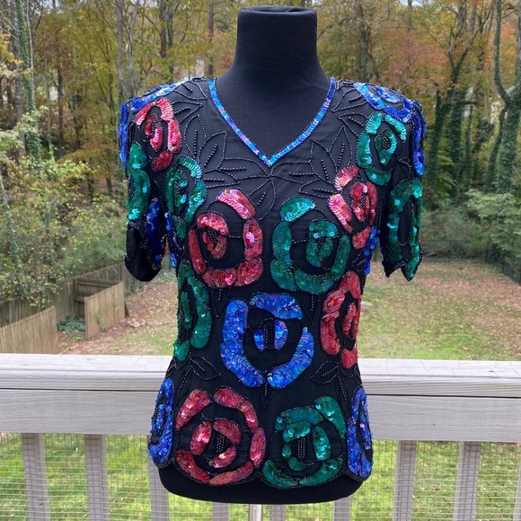 Vintage 80s Beaded Sequin Floral Silk Formal Top - Picture 1 of 13